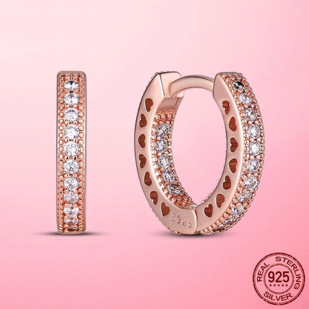 Rose Gold Pavé Heart Hoop Earrings For Women - Picture 2 of 4